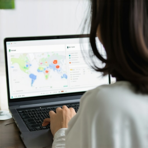 Analyzing Local SEO Data Person reviewing local SEO metrics on a computer with maps and charts