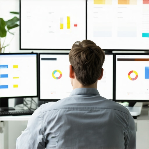 Digital marketer analyzing local SEO metrics on multiple screens for advanced optimization