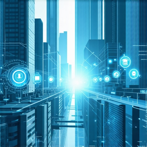 A modern city with digital overlays and voice assistant icons, illustrating AR and voice search in local SEO.