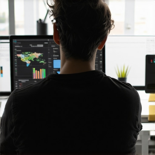 Marketing professional analyzing local SEO data with maps and charts.