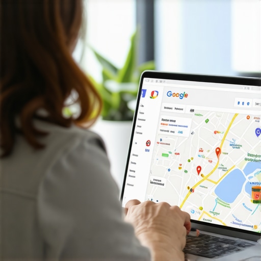Business owner working on Google My Business profile on a laptop with local maps interface.