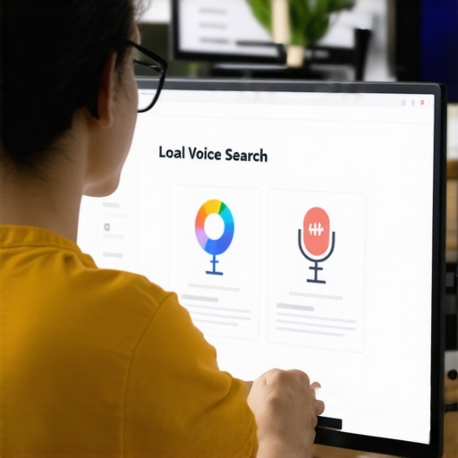 Person working on voice search optimization using AI software on a laptop.