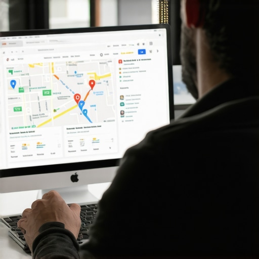 Business owner reviewing SEO analytics on a laptop with Google Maps and keywords.