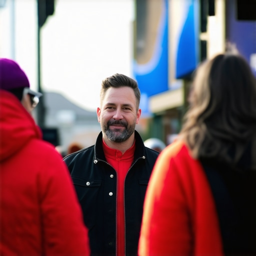 Business owner participating in local community event, engaging with locals, vibrant landmarks