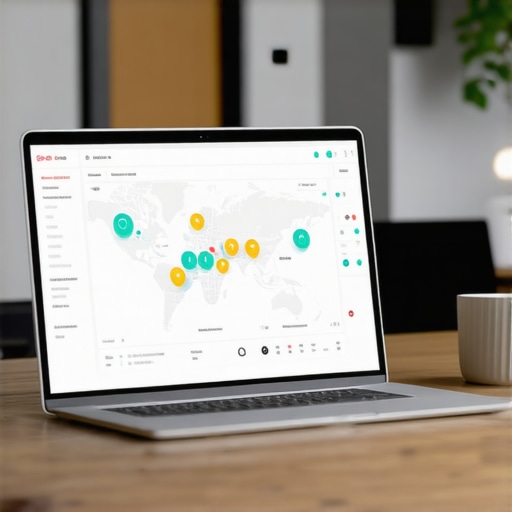 Laptop screen showing local SEO software dashboard with analytics and maps