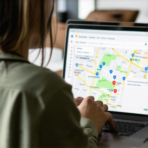 Business owner optimizing Google My Business profile on laptop with maps.