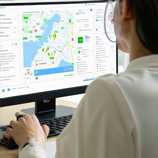 Person analyzing local SEO performance on a computer with maps and charts.