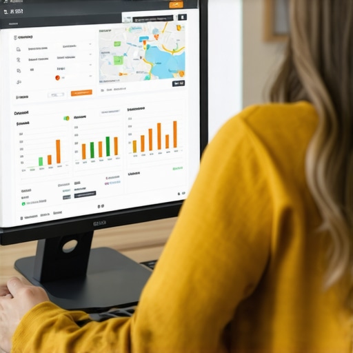 Person reviewing local SEO analytics on a computer, with maps and data charts.