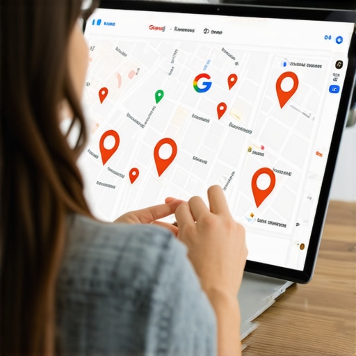 Business owner managing Google My Business profile with map markers