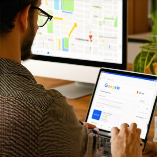 Person editing Google My Business profile on a laptop with local maps visible on screen.