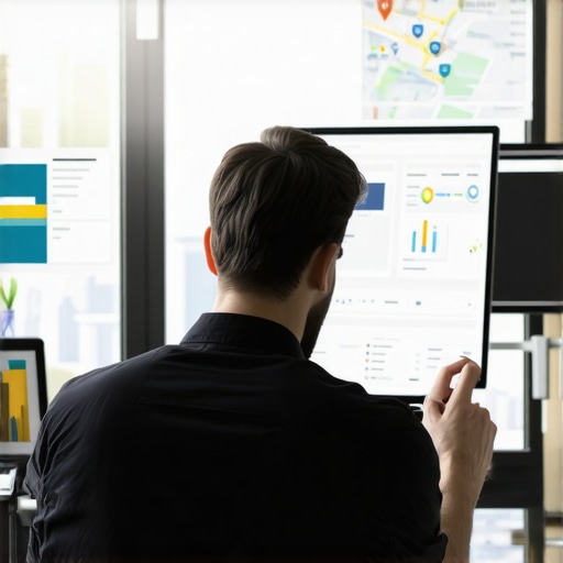 A person reviewing local SEO analytics on a computer with maps and performance metrics.