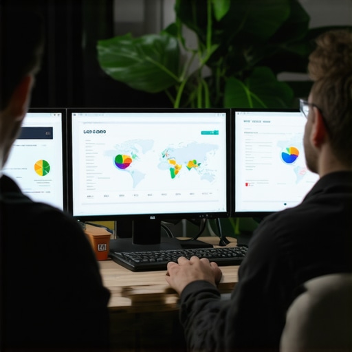 Person working on local SEO analytics with charts and maps on screens.