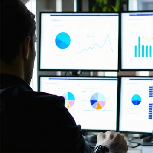 Digital Marketing Dashboard for Local SEO Person analyzing local SEO metrics on multiple screens with charts and graphs.