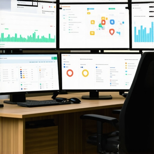 Screens displaying local SEO metrics and review management tools in a modern office environment.