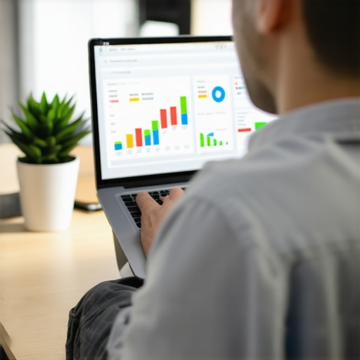 Person analyzing local SEO metrics on laptop with various marketing tools shown