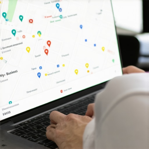 Optimizing GMB Profile for 2025 Business owner updating Google My Business profile on a laptop with maps displayed