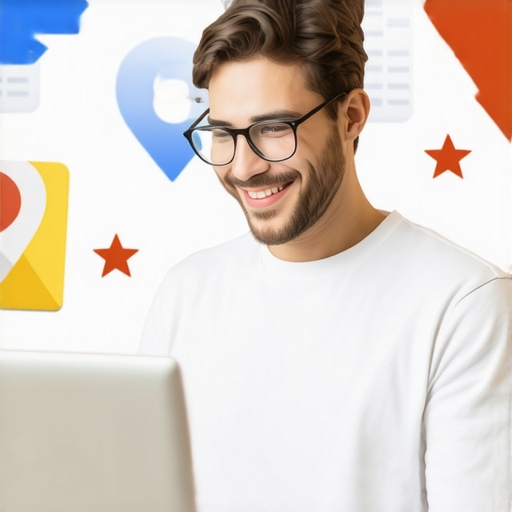 Business owner enhancing Google My Business listing on laptop.