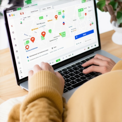 Person editing Google My Business profile on laptop with maps and SEO tools on screen.