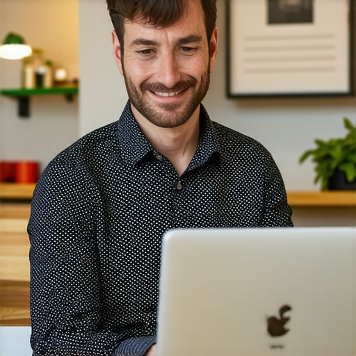 Business owner working on Google My Business profile update at modern office desk