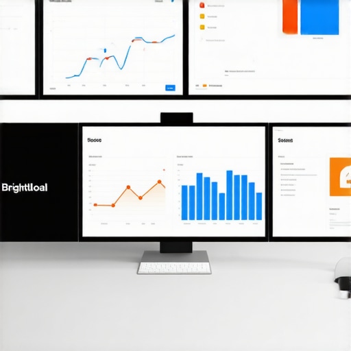 Multiple monitors showing SEO analytics dashboards and data visualizations.