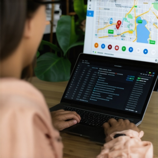 A professional reviewing local SEO analytics on a computer with charts and maps.