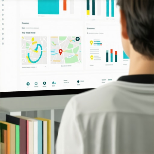 Person reviewing local SEO performance analytics on a laptop with maps and charts