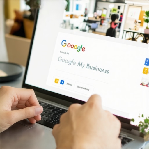 Person updating Google My Business profile on laptop with local SEO icons.