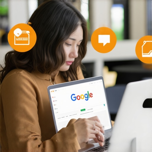 Optimizing Local Listings for Greater Visibility Person working on Google My Business profile with local business icons around.