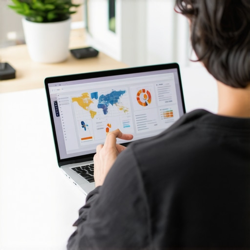 Person reviewing SEO performance charts on laptop in office.