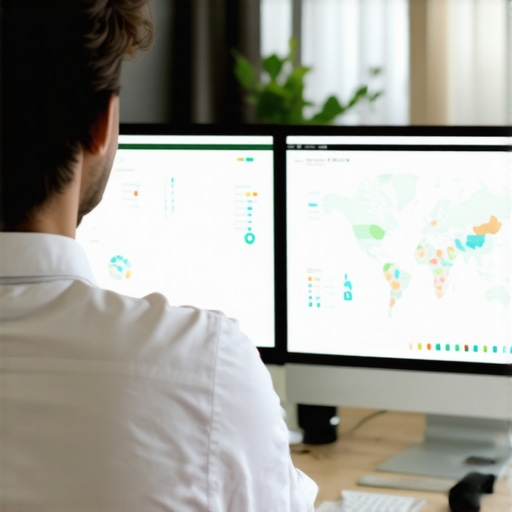Person reviewing local SEO analytics on multiple screens with maps and charts.
