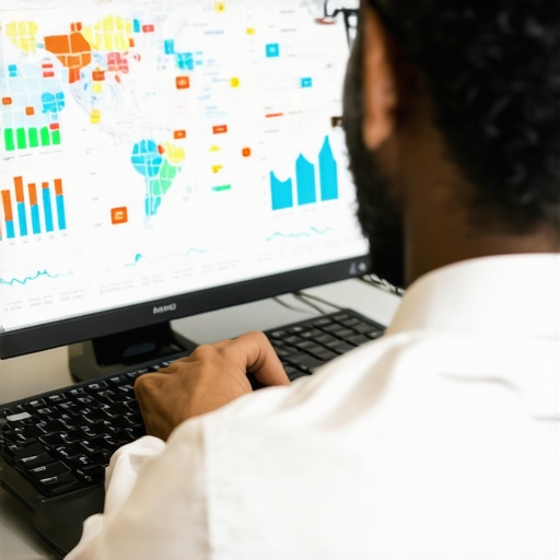 A person analyzing local SEO performance using charts and maps on a computer.