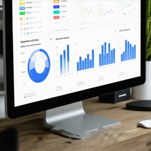 Screenshots of SEO tools with graphs and schema markup interfaces in a workspace setting