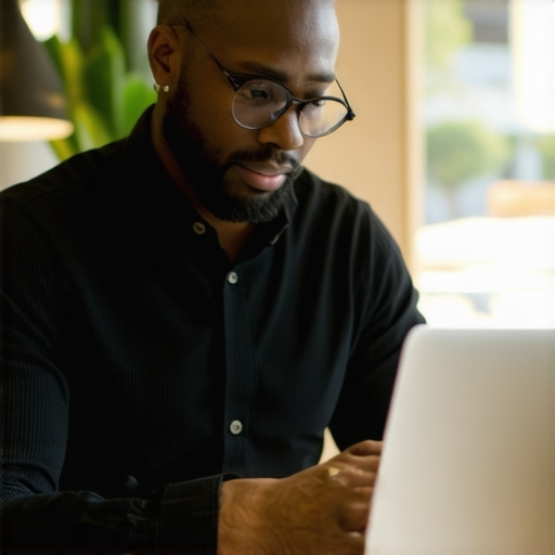Business owner updating local SEO checklist on laptop in modern office environment.