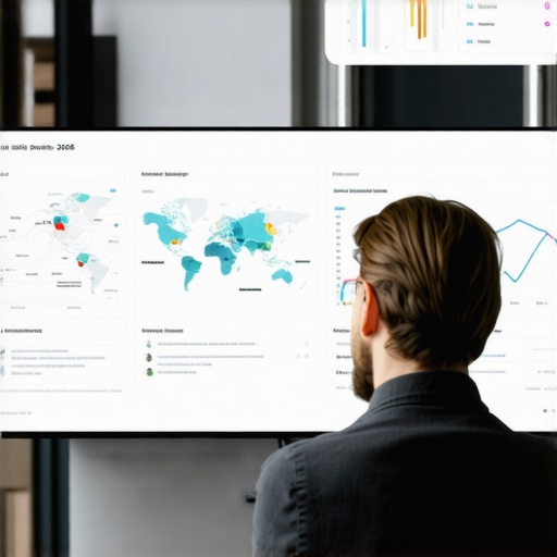 Person analyzing local SEO analytics dashboard with maps and charts