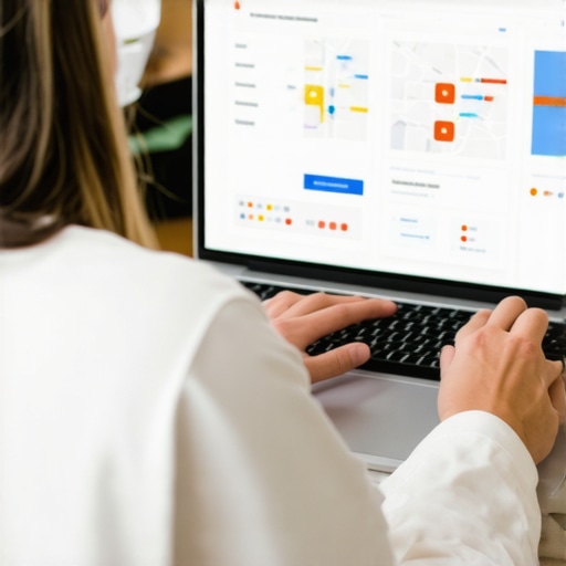 Optimizing Local Listings for SEO Person updating local business listings on a laptop with charts and maps.
