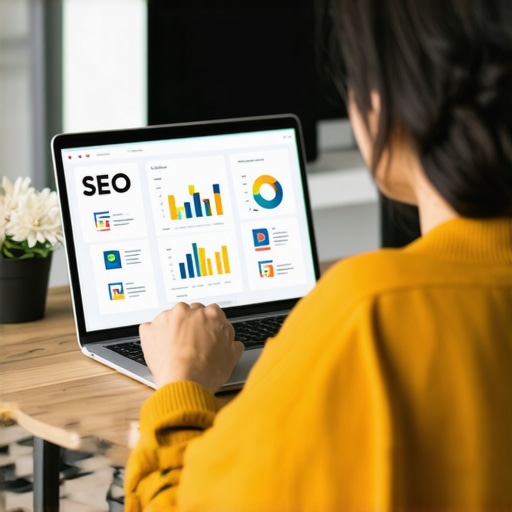 Person reviewing SEO tactics on laptop with charts and checklists