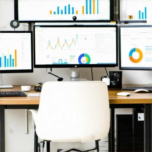 A modern office setup with SEO software and analytics dashboards to demonstrate effective local SEO maintenance.