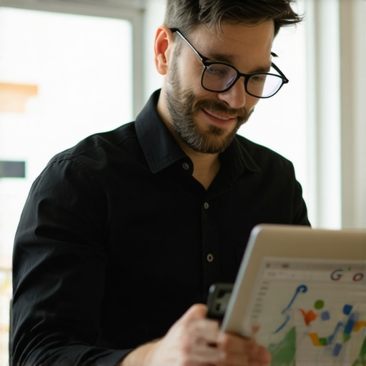 Business owner analyzing maps and SEO metrics on devices