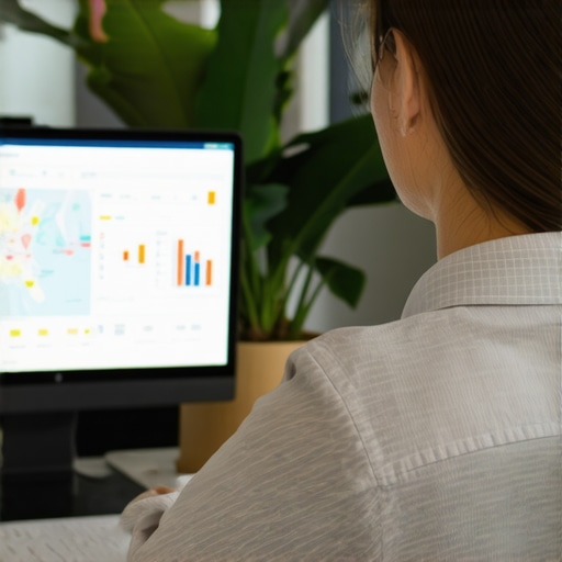 Business owner reviewing local SEO performance charts and map data on a computer.