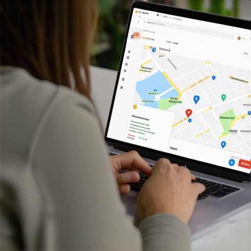 Person updating local business profile on a laptop with maps on screen.