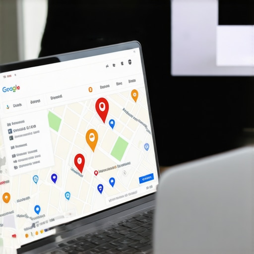 Business owner updating Google Business Profile on a laptop with maps and neighborhood icons.