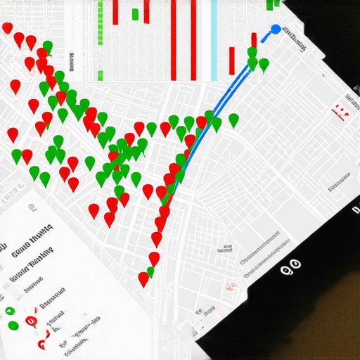 A tablet showing a local SEO geo-grid map with ranking data points across a city landscape.