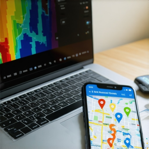 Advanced Local SEO Heat Map Analysis A laptop screen displaying a local SEO heat map with pins and rankings for 2025