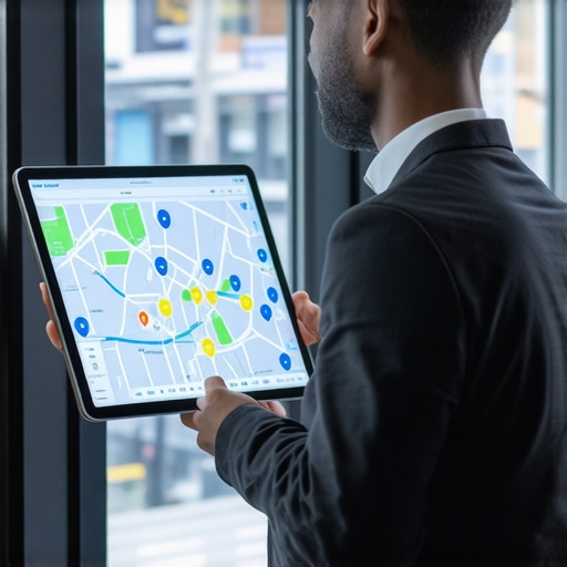 A digital marketer reviewing a local search proximity heatmap for 2025 SEO strategies.