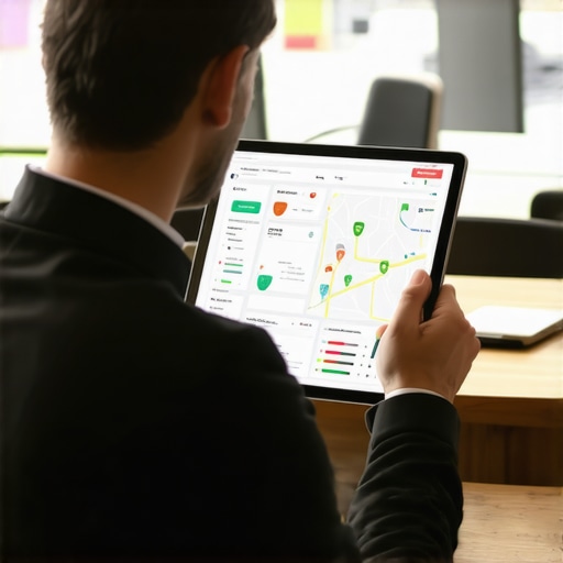 A person using a tablet to manage local SEO tasks and map ranking grids for a small business.