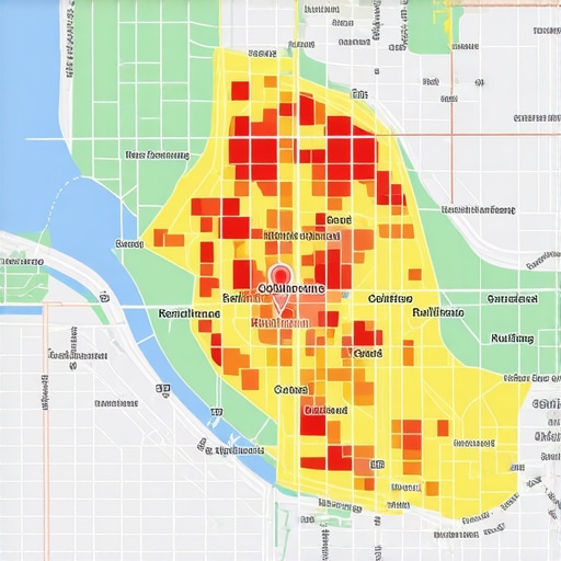 A detailed heat map showing local search proximity and keyword relevance data for SEO optimization.