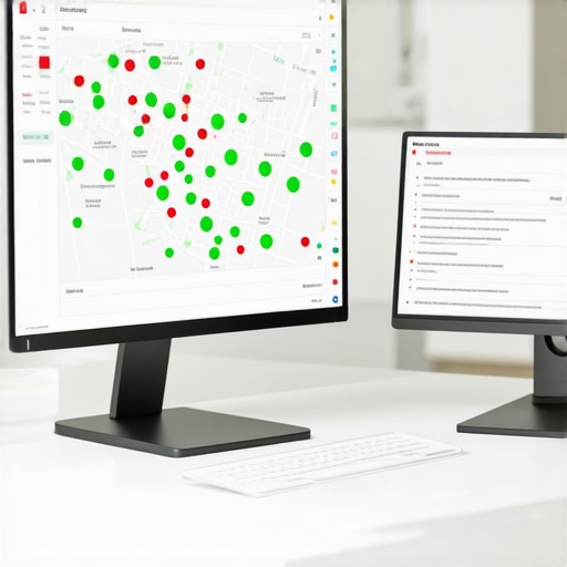 Advanced Local SEO Monitoring Setup A professional workspace showing local SEO ranking maps and task tracking software.