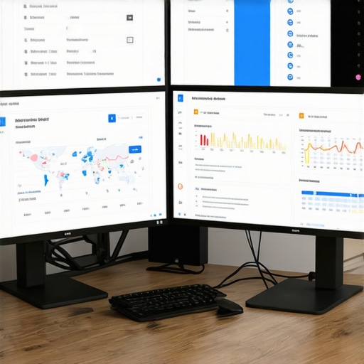 A desk with monitors showing Google Business Profile optimization tools and local search maps.