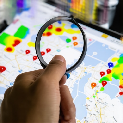 Close-up of magnifying glass over a digital map showing local SEO rankings