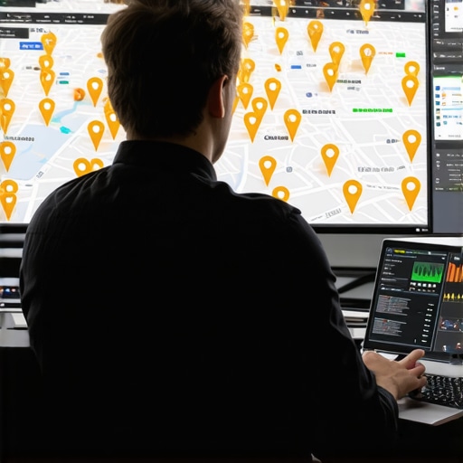Analyzing Multi-Location Map Proximity and Local Search Pins A digital marketer studying regional search rankings and map pin proximity on a monitor